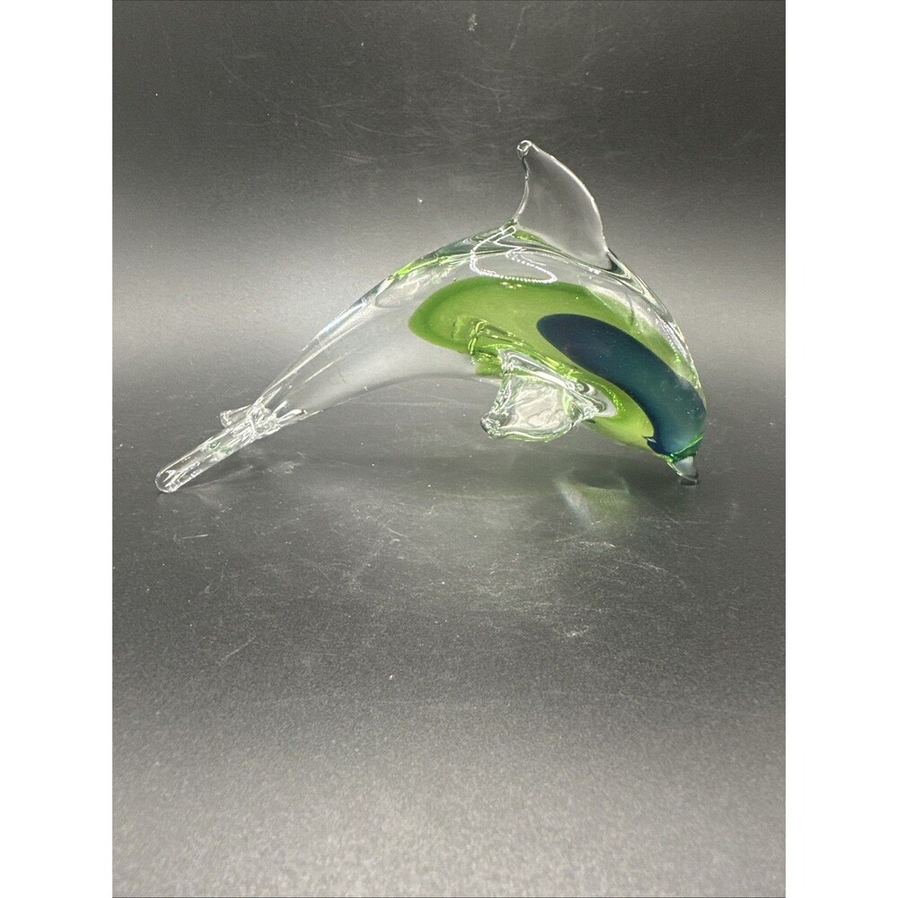Green Blue Art Glass Dolphin 10" Sculpture figurine  Original 1990s